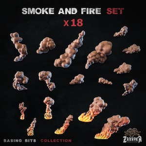 May include: A set of 18 miniature smoke and fire basing bits. The collection includes various brown, cloud-like smoke plumes and orange-yellow flame effects. Text reads SMOKE AND FIRE SET x 18, BASING BITS COLLECTION, and ZABAVKA WORKSHOP.