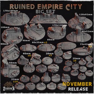 May include: A collection of grey miniature bases titled Ruined Empire City Big Set, featuring various circular and rectangular shapes with rubble, broken pillars, and inscribed text. Sizes range from 25mm to 170x109mm as labeled on the image.