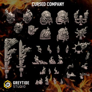 May include: A collection of grey miniature gaming components labeled CURSED COMPANY and GREYTIDE STUDIO. The set includes skull-themed helmets, shoulder pads with chain details, flaming swords, and various flame-shaped accessories for tabletop figures.