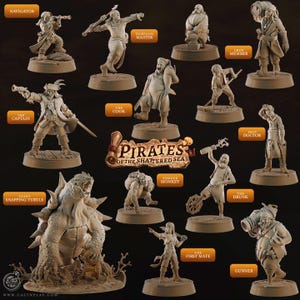 May include: A collection of tan-colored miniature figurines titled Pirates of the Shattered Sea, featuring a giant snapping turtle and various pirate characters including a captain, cook, navigator, harpoon master, and gunner on round bases.