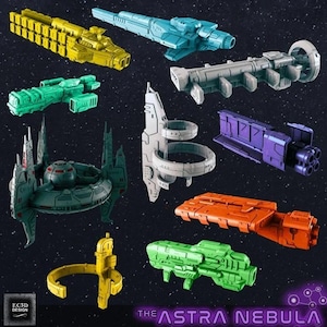 May include: A collection of ten miniature plastic starships in various colors including yellow, light blue, gray, green, purple, and orange. The ships feature diverse geometric designs, some with circular components and others with elongated bodies.