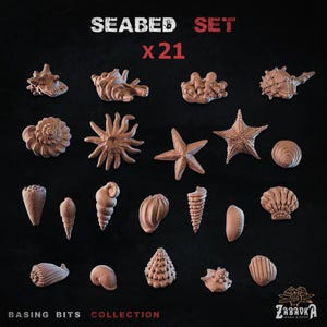May include: A collection of 21 brown miniature seabed items including various seashells, starfish, and coral-like structures. The text SEABED SET x 21 is displayed at the top, and BASING BITS COLLECTION and ZABAVKA WORKSHOP are at the bottom.