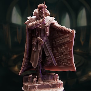 May include: A monochromatic resin figurine of a standing figure wearing a high-collared coat and round glasses, holding a thin wand. The figure opens their coat to reveal shelves filled with various bottles and containers, standing on a stone base.