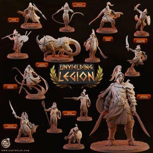 May include: A collection of unpainted miniature figurines titled Unyielding Legion, featuring various warriors, a beast, and a large colossus. Each figure is displayed with its specific label, including Spear Sentinels, Legion Beastmaster, Living Siege, Vanguard Warriors, Legion Magus, Leonid Warbeast, Arena Gladiators, Legion Commander, and Imperial Colossus.