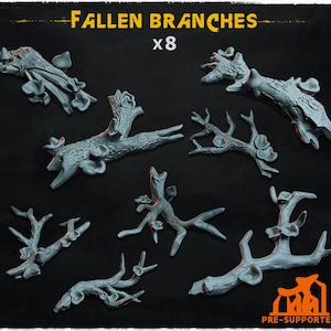 May include: A set of eight gray resin miniature fallen branches featuring textured bark and small mushroom growths. The text FALLEN BRANCHES x8 is printed at the top, and the text PRE-SUPPORTED is printed in orange at the bottom right corner.