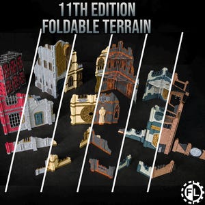 May include: A collection of 11th Edition Foldable Terrain pieces for tabletop gaming. The set includes various miniature building ruins, walls, and structures in shades of grey, tan, red, and blue, featuring intricate architectural details.
