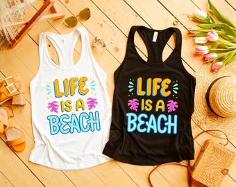 Camiseta de tirantes deportiva para mujer, ropa de playa, camiseta de playa de verano, amante de la playa, el océano es vida, vida en la playa
