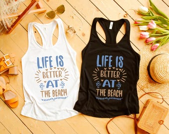 Camiseta suave para mujer, camiseta ajustada para playa de verano, camiseta playera para amantes de la playa, diseño colorido de verano.