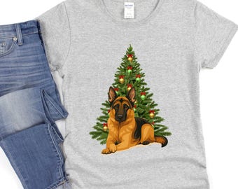 Camiseta de pastor alemán con árbol de Navidad, camiseta navideña para pastor alemán