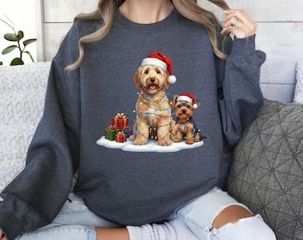 Camiseta navideña para amantes de los perros, sudadera navideña con Golden Doodle y Yorkie, mamá de perro