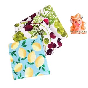 Coaster Set of 4 or 6, Double-Sided and Reversible, Soft and Furniture-Safe, Handmade, Summer Fruits