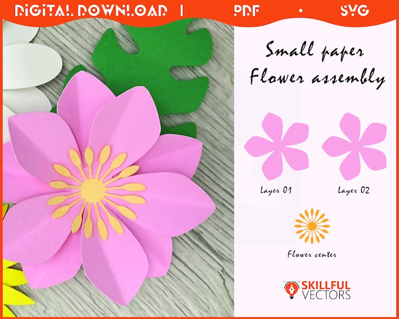 May include: A pink paper flower with yellow center, green leaf, and white paper cutouts. The image includes instructions for a small paper flower assembly, with the text "Small paper Flower assembly".
