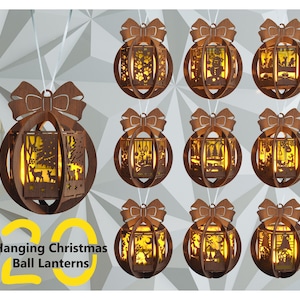 Peut inclure: Vingt lanternes boules de Noël suspendues en bois marron. Chaque lanterne est ornée d'un nœud et de motifs découpés. Elles diffusent une lumière jaune chaleureuse. Le texte "Hanging Christmas Ball Lanterns" est visible.