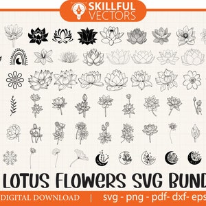 79 LOTUS bloemen SVG bundel, Lotus bloem CRICUT Namaste gesneden bestanden yoga silhouet Mandala clipart meditatie spirituele digitale PNG, SVG EPS