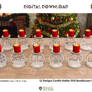 Könnte beinhalten: Zwölf Kerzenhalter mit roten Kerzen. Die Halter aus hellem Holz zeigen verschiedene winterliche Designs. Der Text "DIGITALER DOWNLOAD" und "50% RABATT" sind sichtbar. Materialstärke 3 mm.