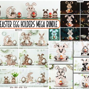 Peut inclure: Divers supports à œufs de Pâques en bois, avec des motifs de lapins variés. Les supports présentent différentes poses et styles, certains avec des découpes en forme d'œuf. Le texte "EASTER EGG HOLDERS MEGA BUNDLE" est affiché. Idéal pour les décorations de Pâques.