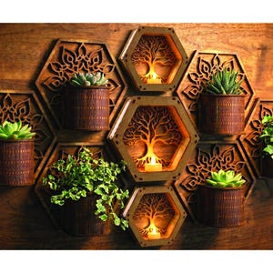 May include: Wooden wall art with hexagonal shelves, laser-cut with tree designs and floral patterns. The shelves display small potted plants and candles, creating a warm, inviting display. The wood has a natural, warm brown tone.