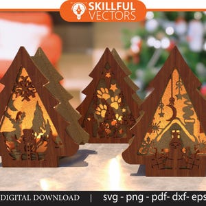 Confezione da 5 file di taglio laser per portacandele per albero di Natale DXF, lanterna per albero di Natale tagliata al laser, decorazioni natalizie Glowforge, Natale tagliato al laser