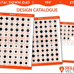 May include: Three orange-bordered design catalogs with black flower shapes. The text "DESIGN CATALOGUE" and "150 Flowers Shapes Templates" are visible. The top of the image has the text "DIGITAL DOWNLOAD" and "PDF SVG". The Skillful Vectors logo is in the bottom right.