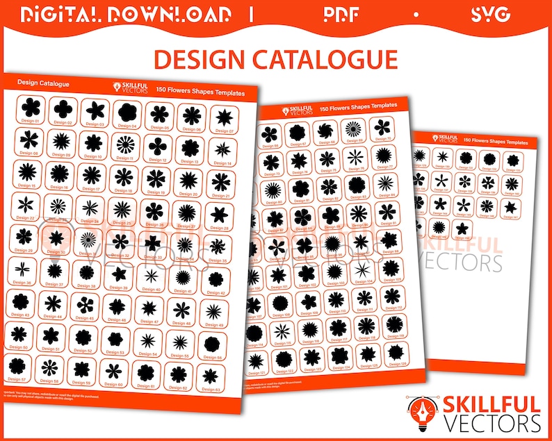May include: Three orange-bordered design catalogs with black flower shapes. The text "DESIGN CATALOGUE" and "150 Flowers Shapes Templates" are visible. The top of the image has the text "DIGITAL DOWNLOAD" and "PDF SVG". The Skillful Vectors logo is in the bottom right.