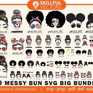 70 rommelig broodje grote SVG bundel, zwarte vrouw SVG, Momlife SVG, moeder leven SVG, moeder schedel SVG, zwarte vrouw PNG, Afro vrouw SVG, rommelig broodje PNG, EPS