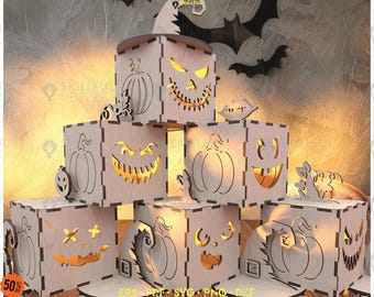 以下が含まれることがあります： ハロウィーンをテーマにした木製のランタンの積み重ね。各ランタンは、カボチャと不気味な顔のデザインが彫られた立方体です。ランタンは内側から照らされ、温かい光を放ちます。魔女の帽子とコウモリも存在します。