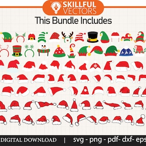 May include: A digital download of 70 Christmas hat SVG cut files. The hats are in various colors and styles, including Santa hats, elf hats, and reindeer hats. The image includes the text "This Bundle Includes".