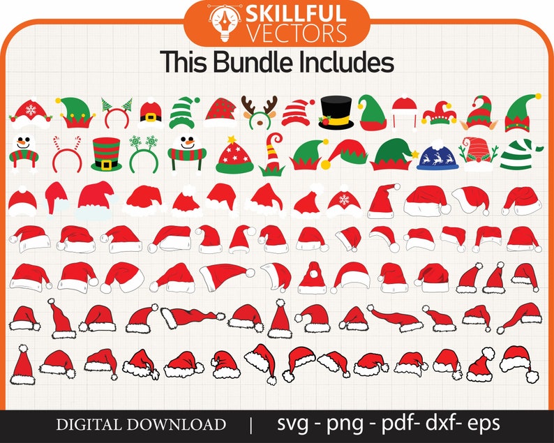 May include: A digital download of 70 Christmas hat SVG cut files. The hats are in various colors and styles, including Santa hats, elf hats, and reindeer hats. The image includes the text "This Bundle Includes".