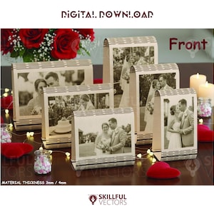 May include: A collection of wooden photo frames displaying wedding photos. The frames are rectangular with a curved top and a decorative border. The text "DIGITAL DOWNLOAD" and "Front" are visible. The material thickness is 3mm/4mm.