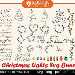 70 Weihnachtsbeleuchtung SVG, PNG nahtlos, Kacheln, Cricut geschnitten Dateien, Silhouette, Cameo, Frohe Weihnachten, Light Strand, DXF, Sofortiger download