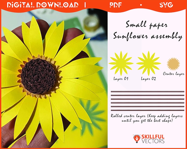May include: A handmade paper sunflower with bright yellow petals and a dark brown center. The image includes instructions for assembling the flower, with diagrams of layers and rolled center pieces. Text reads "Small paper Sunflower assembly."