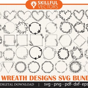 Floral Wreath SVG Bundle: 74 Circle & Heart Laurel Designs (Digital Download)