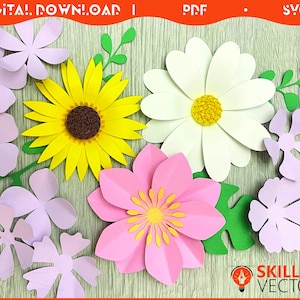 May include: A collection of colorful paper flowers in various sizes and styles. The flowers include a yellow sunflower, a white daisy, and a pink flower, along with several smaller lavender flowers and green leaves. The words "DIGITAL DOWNLOAD" are at the top.