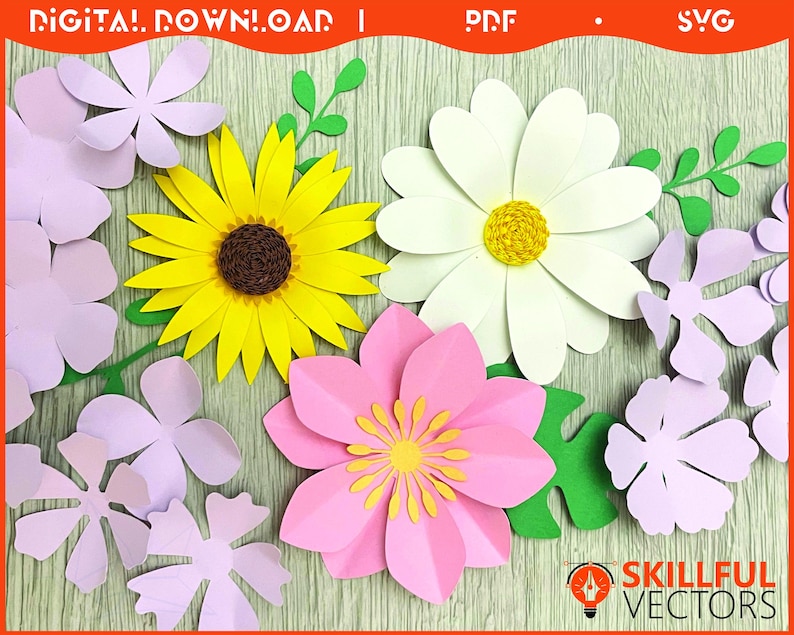 May include: A collection of colorful paper flowers in various sizes and styles. The flowers include a yellow sunflower, a white daisy, and a pink flower, along with several smaller lavender flowers and green leaves. The words "DIGITAL DOWNLOAD" are at the top.