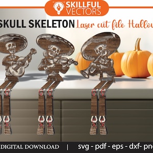 03 Skull skeleton Laser cut file Halloween Mariachi Dios de los muertos Sugar skull Xtool Lightburn Glowforge Flux TS2 Digital download svg