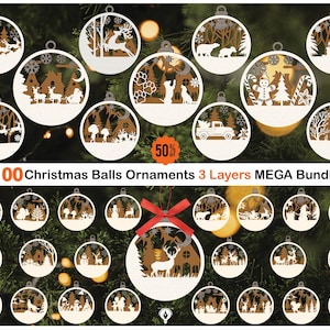 Pack 100 Christmas Ornament SVG bundle 3 Layers Ornament Laser Cut Files,Christmas Balls Tree Decorations Craft Hanging Bauble SVG,Glowforge