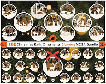 Paquete de 100 adornos navideños SVG, archivos cortados con láser de 3 capas (descarga digital)