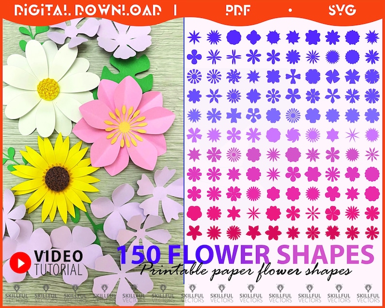 May include: A digital download image featuring paper flower shapes. The image includes a variety of colorful paper flowers in white, pink, and yellow, along with a collection of 150 flower shapes in shades of purple and pink. Text reads "150 FLOWER SHAPES Printable paper flower shapes."