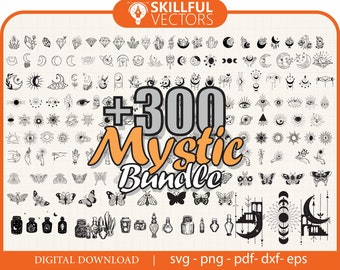 Könnte beinhalten: Ein digitales Download-Paket mit über 300 Schwarzweiß-Vektorillustrationen zum Thema Mystik. Die Illustrationen umfassen Monde, Sterne, Kristalle, Schmetterlinge, Hände, Augen und mehr. Der Text "+300 Mystic Bundle" ist in großen, fetten, orangefarbenen Buchstaben.