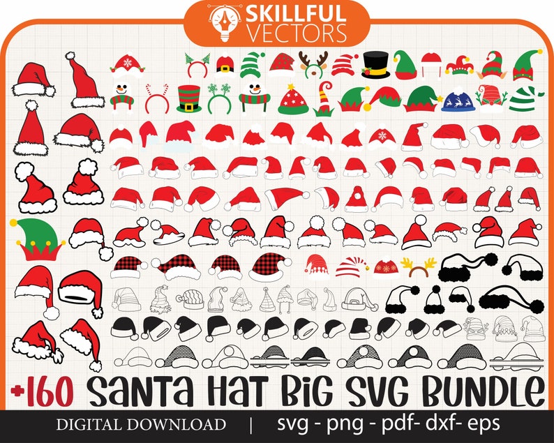 May include: A large digital download bundle of over 160 Santa hat SVG designs. The designs include a variety of styles, colors, and patterns, including traditional red and white hats, as well as more modern and whimsical designs. The bundle also includes a variety of accessories, such as bells, bows, and snowflakes.