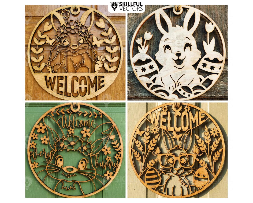 Welcome Easter Bunny Sign Round Door Hanger SVG Bundle Glowforge Laser ...