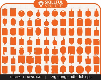 May include: A digital download of 60 SVG, PNG, PDF, DXF, and EPS files featuring various cutting board shapes. The cutting boards are all orange and are arranged in a grid pattern. The text "SKILLFUL VECTORS" is at the top of the image. The text "DIGITAL DOWNLOAD" is at the bottom left of the image. The text "svg - png - pdf - dxf - eps" is at the bottom right of the image.