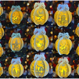 May include: A collection of fifteen white paper Christmas ornaments, each featuring intricate laser-cut holiday designs like Santa, reindeer, snowmen, and trees. These spherical decorations are illuminated from within with a warm yellow light.