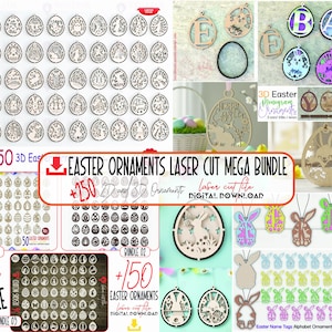 May include: A collection of laser-cut Easter ornaments and tags. The image showcases various designs, including egg shapes, bunnies, and letters. The text reads "EASTER ORNAMENTS LASER CUT MEGA BUNDLE" and "+150 2D and 3D Ornaments".