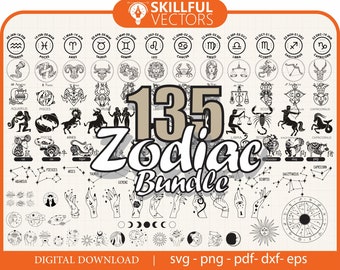 135 Zodiac Signs SVG Bundle: Horoscope Clipart (Digital Download)