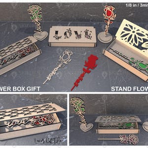 Pack 4 Boxed Blumengeschenk Laser Cut SVG-Dateien, Holz Namensständer Blumen, Mama Geschenk, Laser Cut Geschenkbox und Blume, SVG-Datei für das Laserschneiden