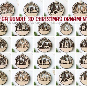 May include: A collection of twenty circular wooden Christmas ornaments featuring intricate laser-cut designs of winter scenes, including reindeer, sleighs, snowmen, and forest landscapes, with the text MEGA BUNDLE 3D CHRISTMAS ORNAMENTS.