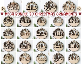 May include: A collection of twenty circular wooden Christmas ornaments featuring intricate laser-cut designs of winter scenes, including reindeer, sleighs, snowmen, and forest landscapes, with the text MEGA BUNDLE 3D CHRISTMAS ORNAMENTS.