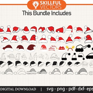 May include: A digital download of 70 Christmas hat SVG cut files. The hats are in red, black, and white with various designs. The text "This Bundle Includes" is at the top of the image.