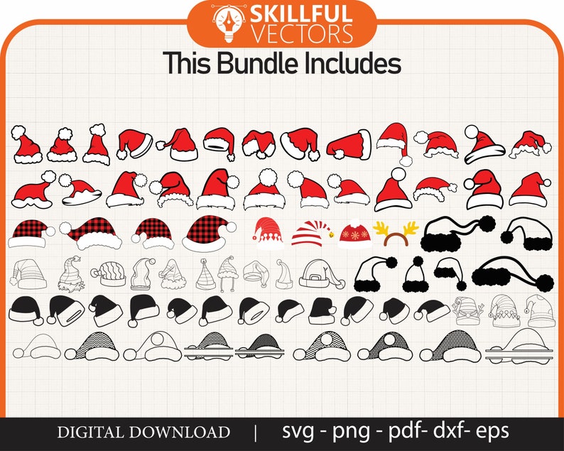 May include: A digital download of 70 Christmas hat SVG cut files. The hats are in red, black, and white with various designs. The text "This Bundle Includes" is at the top of the image.